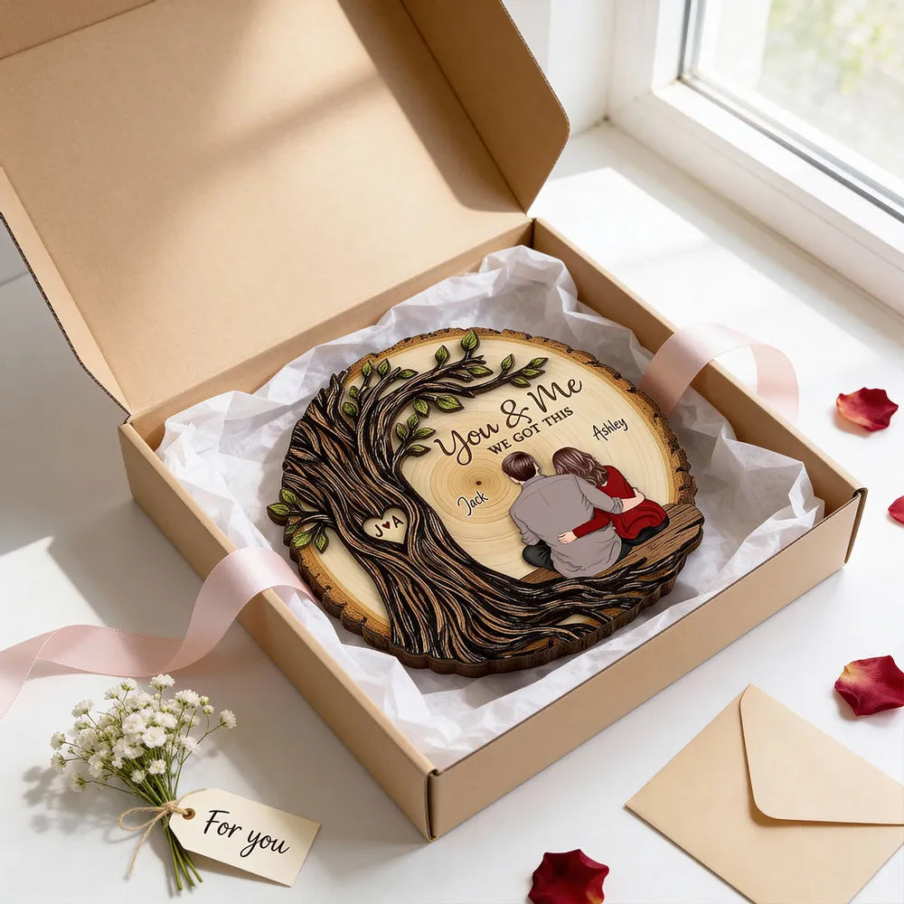 Personalized 2-Layer Wooden Plaque, Couple Sitting Back View Under Heart Tree, Unique Romantic Gift for Your & Me Moments
