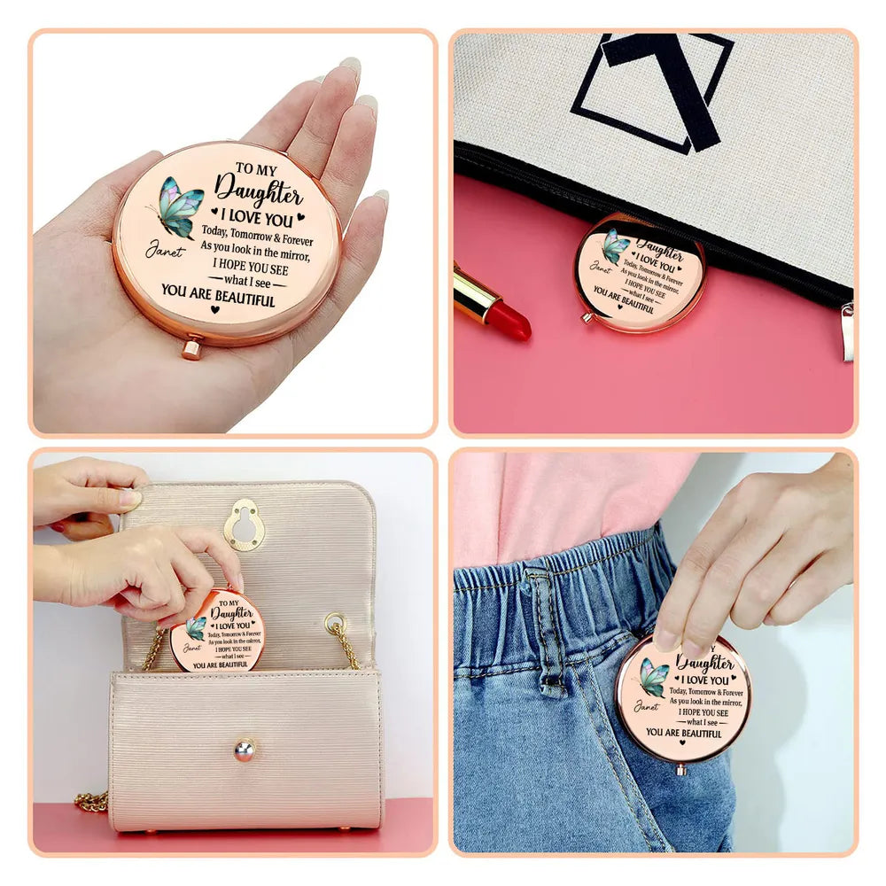Personalized Metal Compact Mirror for Daughter, Butterfly Love Quote, Everyday Purse Keepsake, Unique Gift