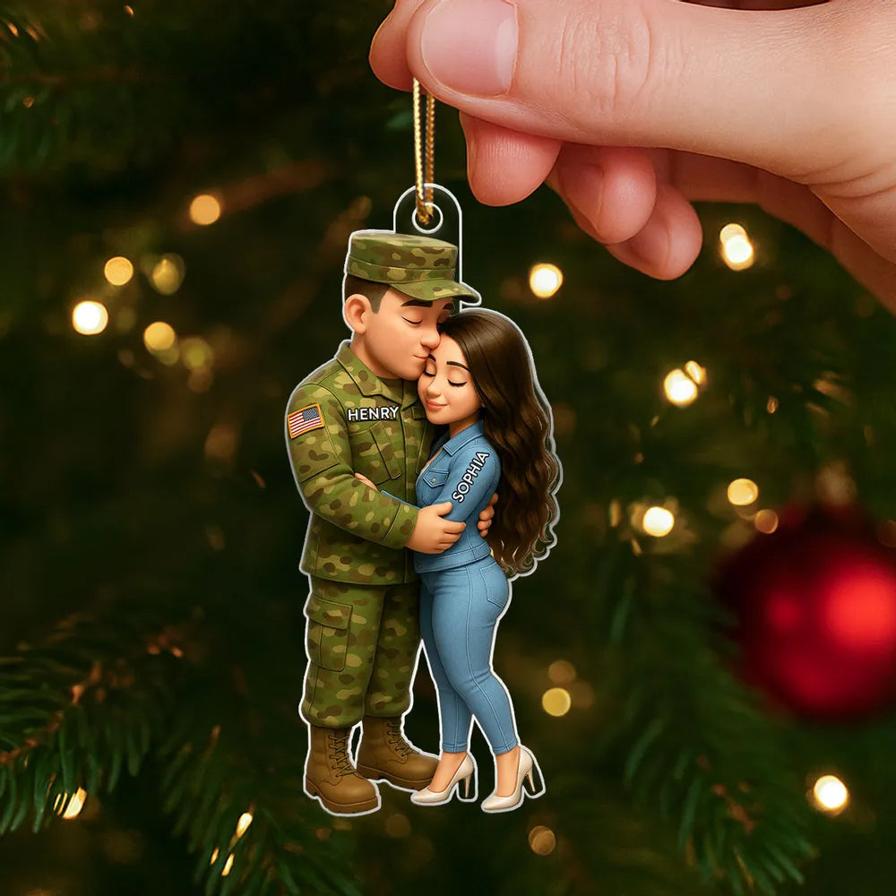 Acrylic Ornament - Custom Military Couple Hugging, Christmas Tree Decor, tender keepsake, a unique gift for Couples, Him or Her