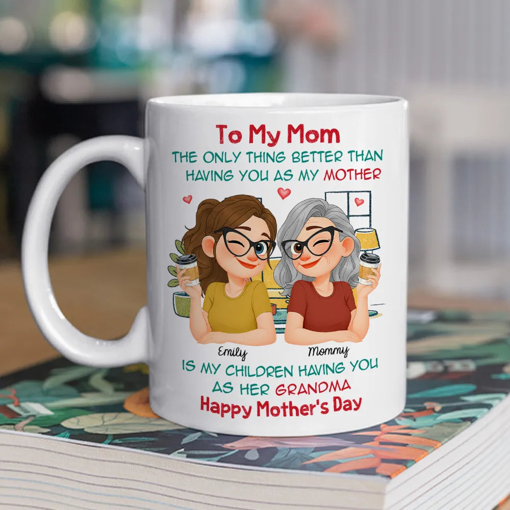 Personalized Ceramic Mug for Mom, Cute Cartoon Coffee Cheers, Mother's Day Message, Unique Gift for Mother