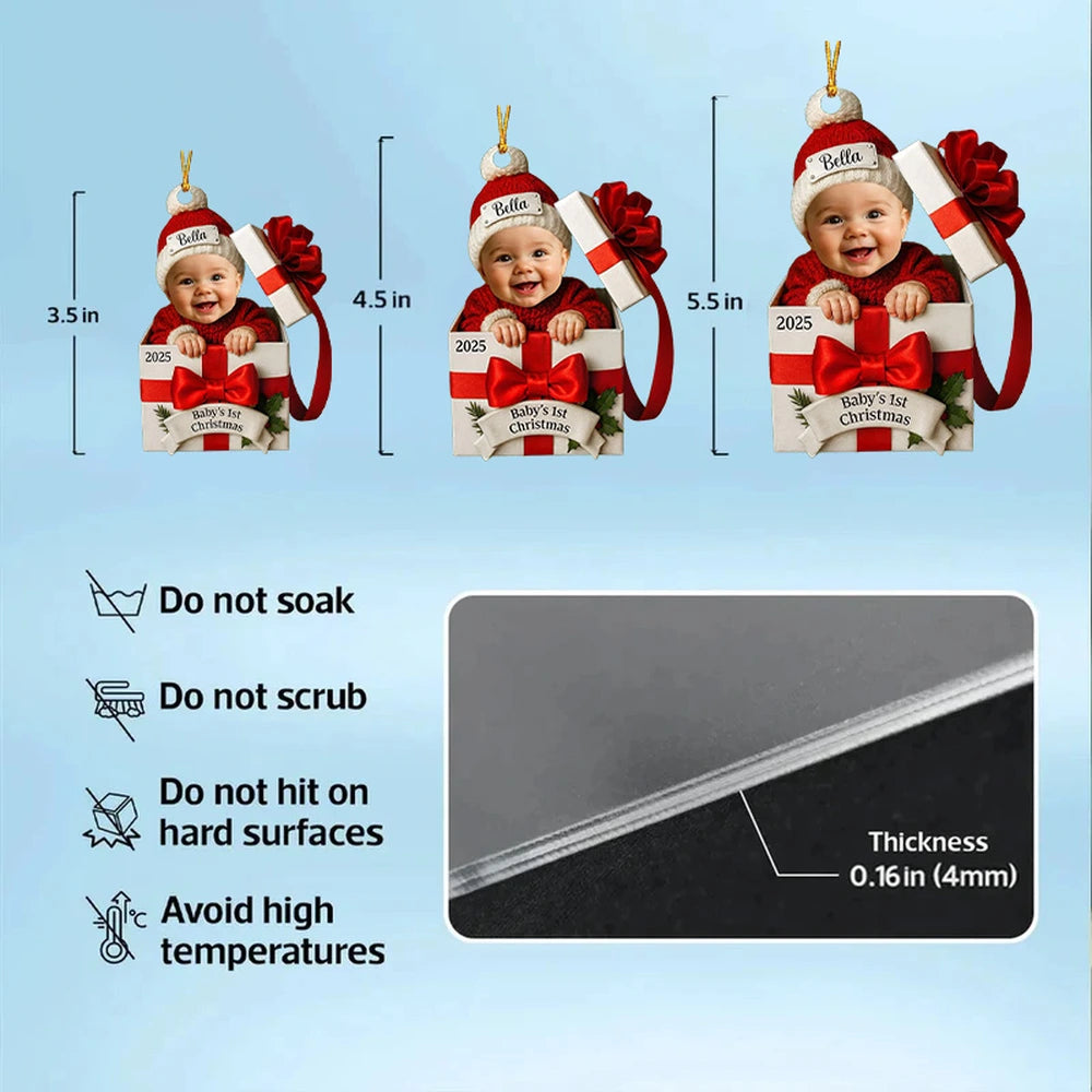 Baby's First Christmas Acrylic Ornament with Custom Photo β Adorable Gift Box Design for New Parents, Unique Personalized Holiday Gift