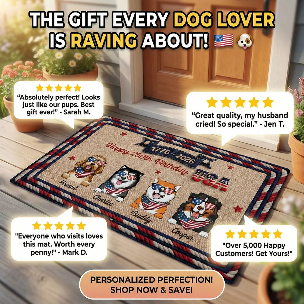 Personalized USA 250th Birthday Dog Standard Doormat for Entryway - Custom Pet Gift Idea with Patriotic Style