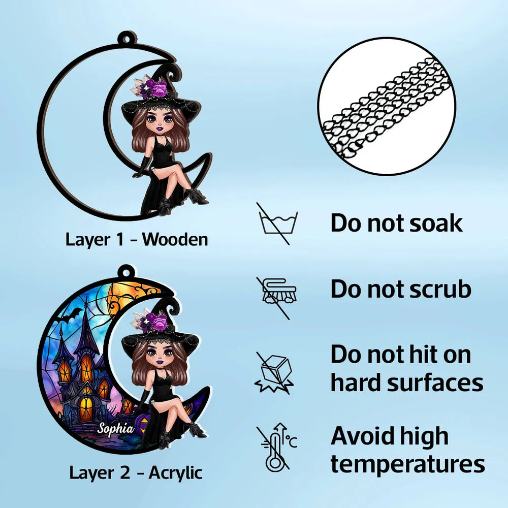 Wood and Acrylic Layered Ornament – Whimsical Moonlight Witch Design, Perfect Gift for Halloween Lovers