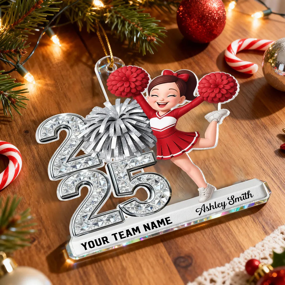 Personalized Cheerleader Acrylic Ornament with Year & Team Name, Sparkling School Spirit Keepsake, Unique Graduation Gift