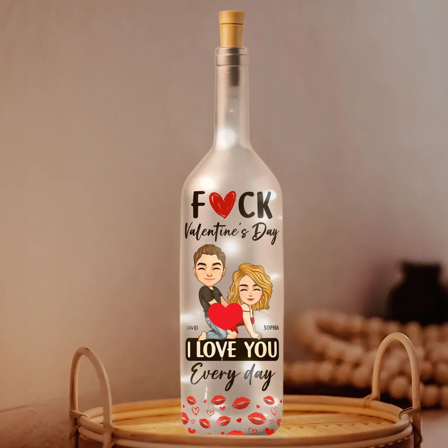 Funny romantic Bottle Lamp with customized couple art and I love you every day message, cozy ambient light, creative gift for couples