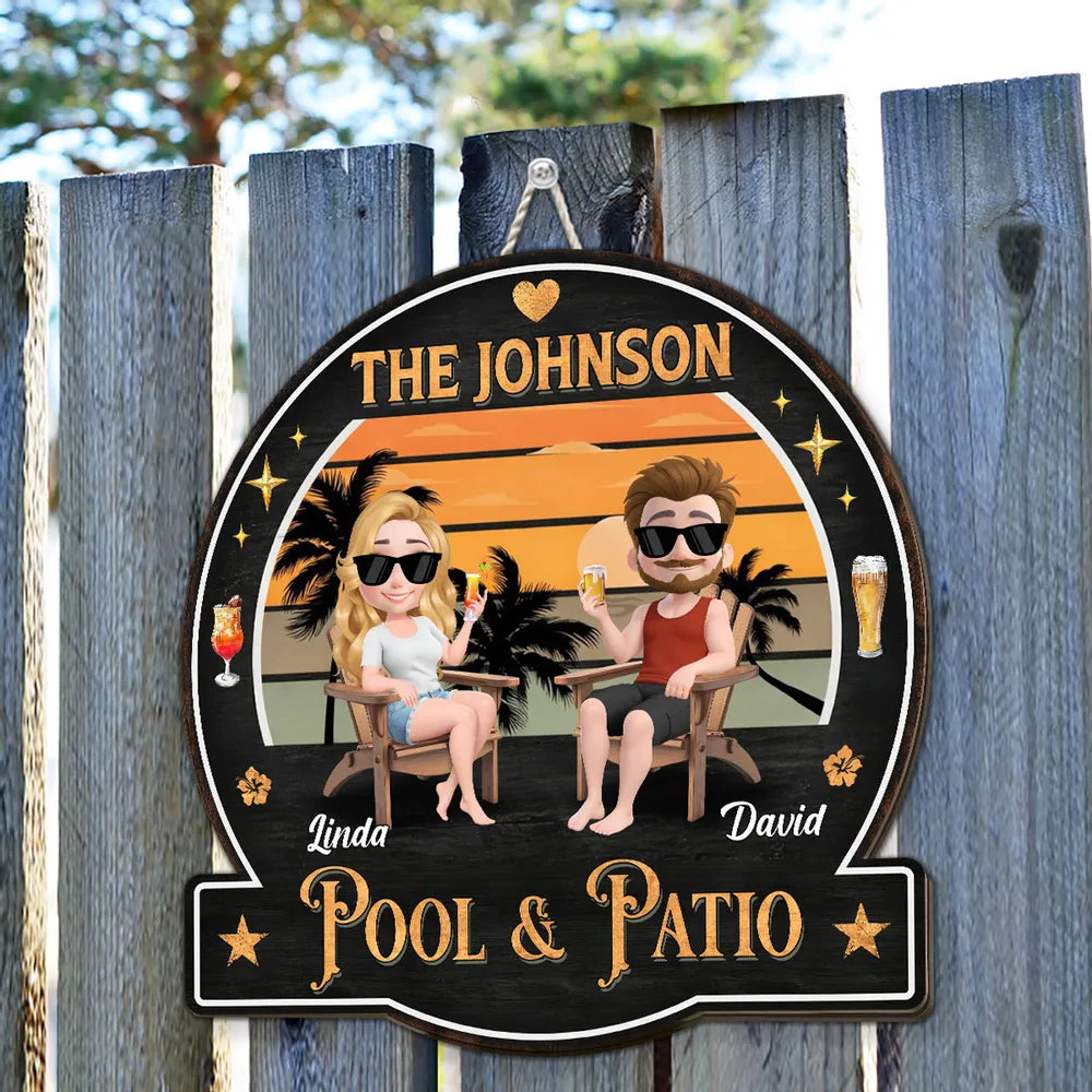 Personalized Wooden Sign with Relaxing Couple at Sunset Pool & Patio Scene, Unique Custom Gift for Couples