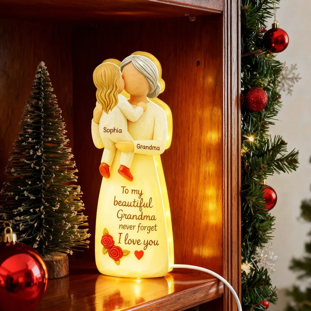 Acrylic Light Box, Hugging Grandma & Grandchild, Warm Glow for Bedroom or Shelf, a unique gift with 'I love you'
