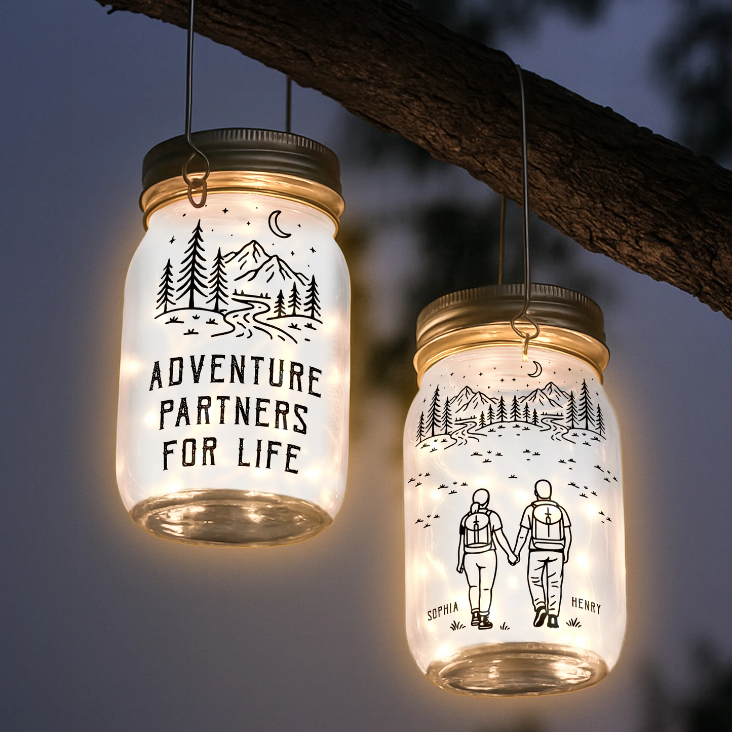 Personalized Solar Mason Jar Light with Adventure Partners For Life Hiking Couple Design - Unique Gift for Couples