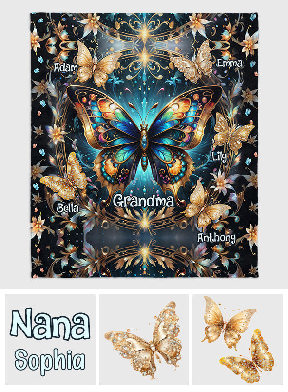 Grandma Life Mom Any Title Stunning Gold Butterfly Version - Personalized Grandma Blanket