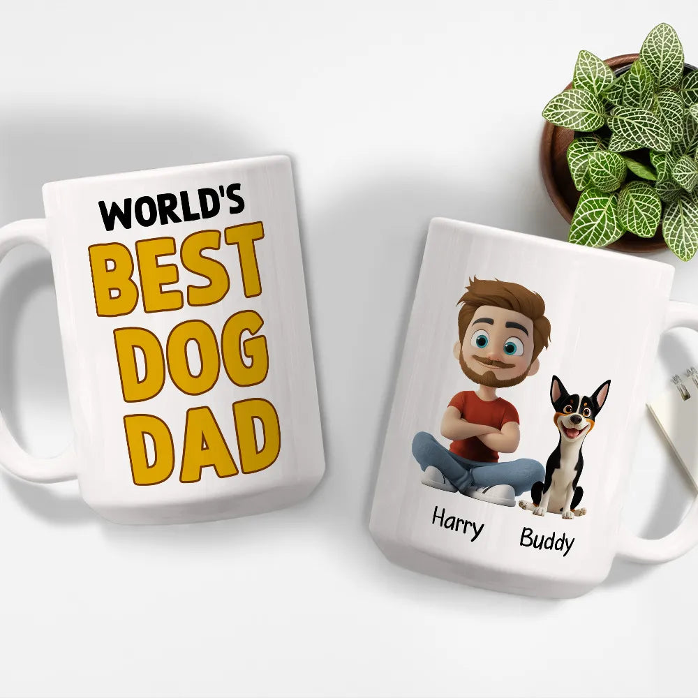World’s Best Dog Dad Mug – Personalized Ceramic Mug with Cartoon Dog and Owner for Dog Lovers