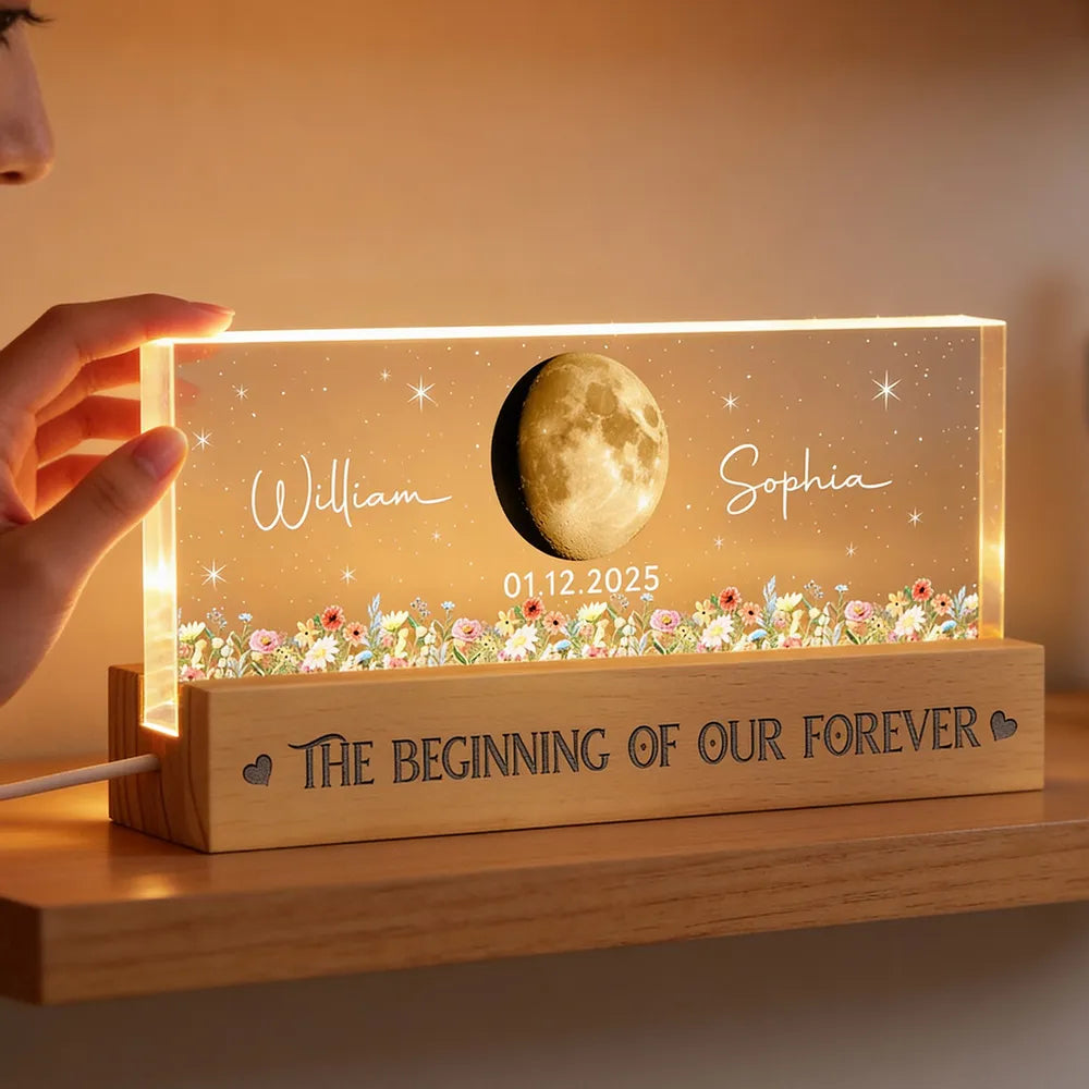 Personalized Moon Phase Block LED Light Plaque With Floral Stars, Romantic Bedside Decor, Unique Couple Gift