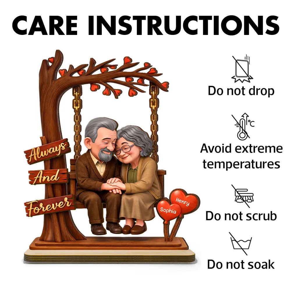 Personalized 2-Layer Wooden Plaque with Elderly Couple Holding Hands Under Heart Tree, Always And Forever Unique Gift