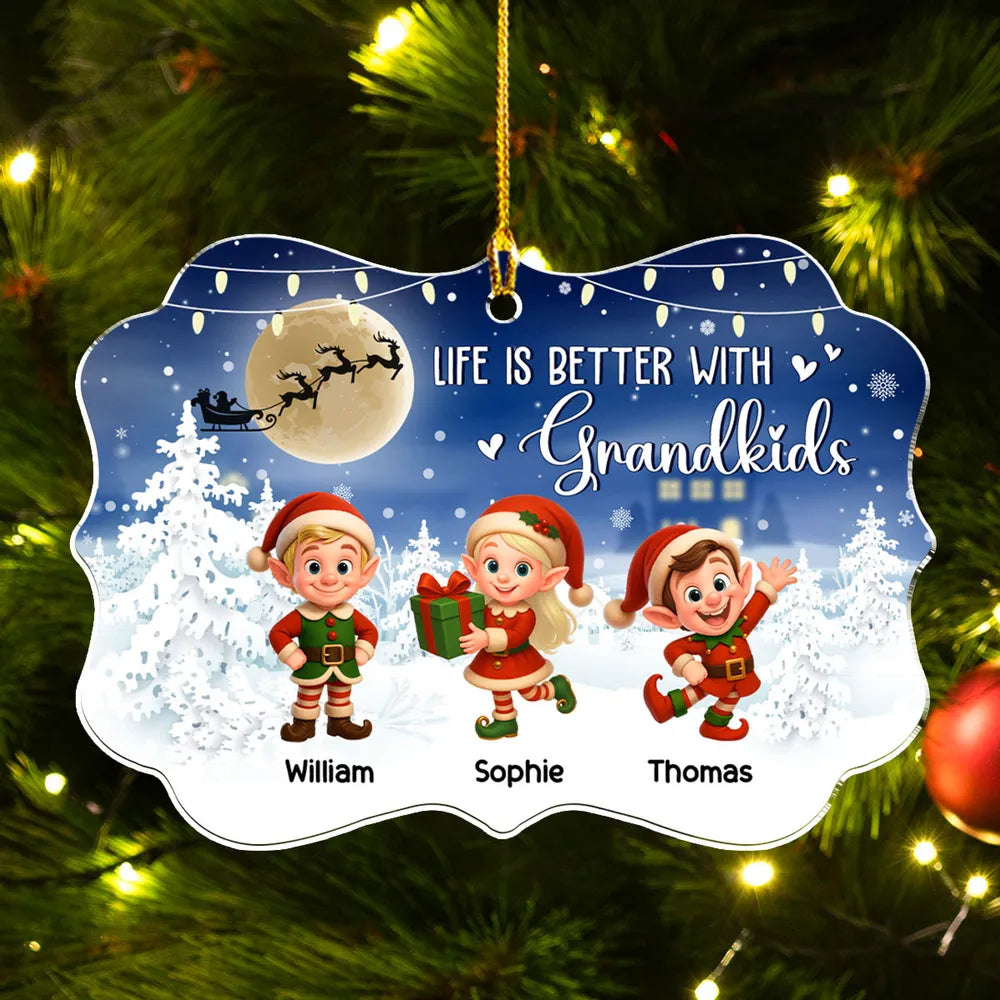 Acrylic Ornament - Life Is Better With Grandkids, cute elf scene in a moonlit snowy forest, a unique Christmas gift for Grandma and Grandpa