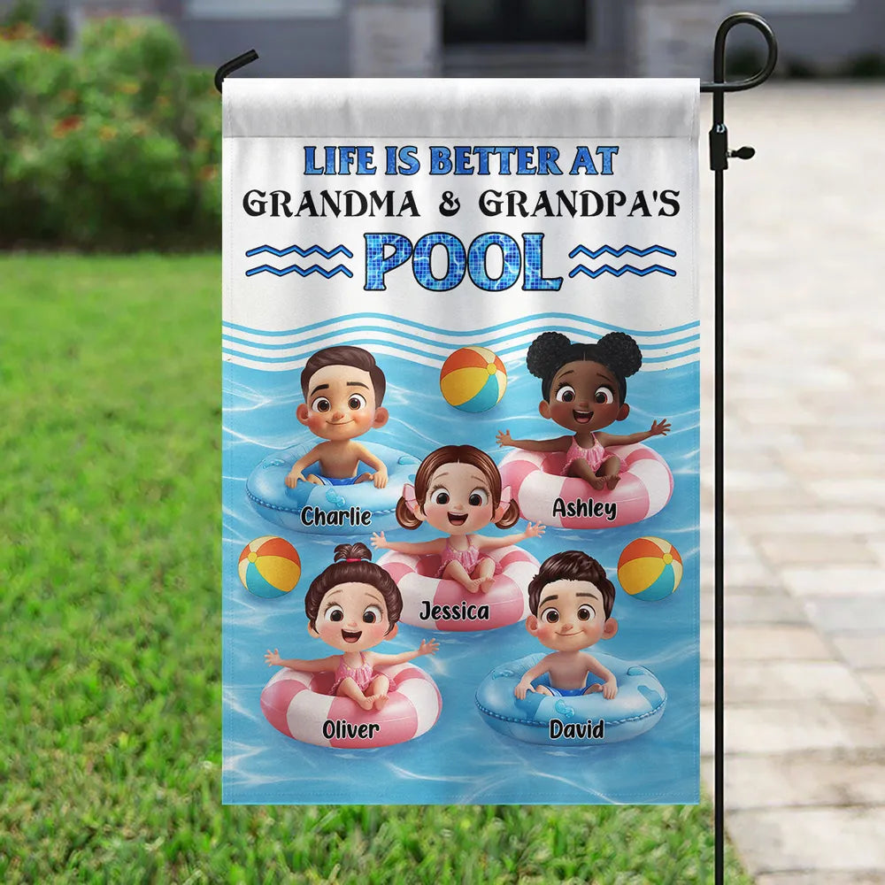 Life Is Better At Grandma & Grandpa’s Pool – Personalized Garden Flag with Kids in Floaties – Summer Gift for Grandparents
