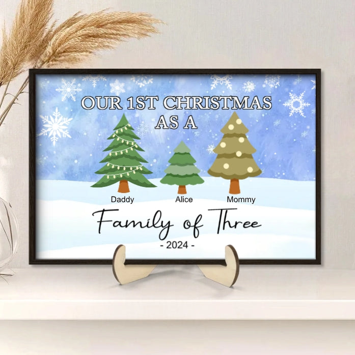 "Personalized Family of Three Ornament - Our 1st Christmas as a Family - Custom Christmas Tree Poster,Ornament,Plaque,Keychain,Pillow ,Cup