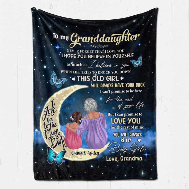 Personalized Fleece Blanket with Grandma and Granddaughter on Moon, Night Sky Throw, Cozy Unique Gift from Grandma