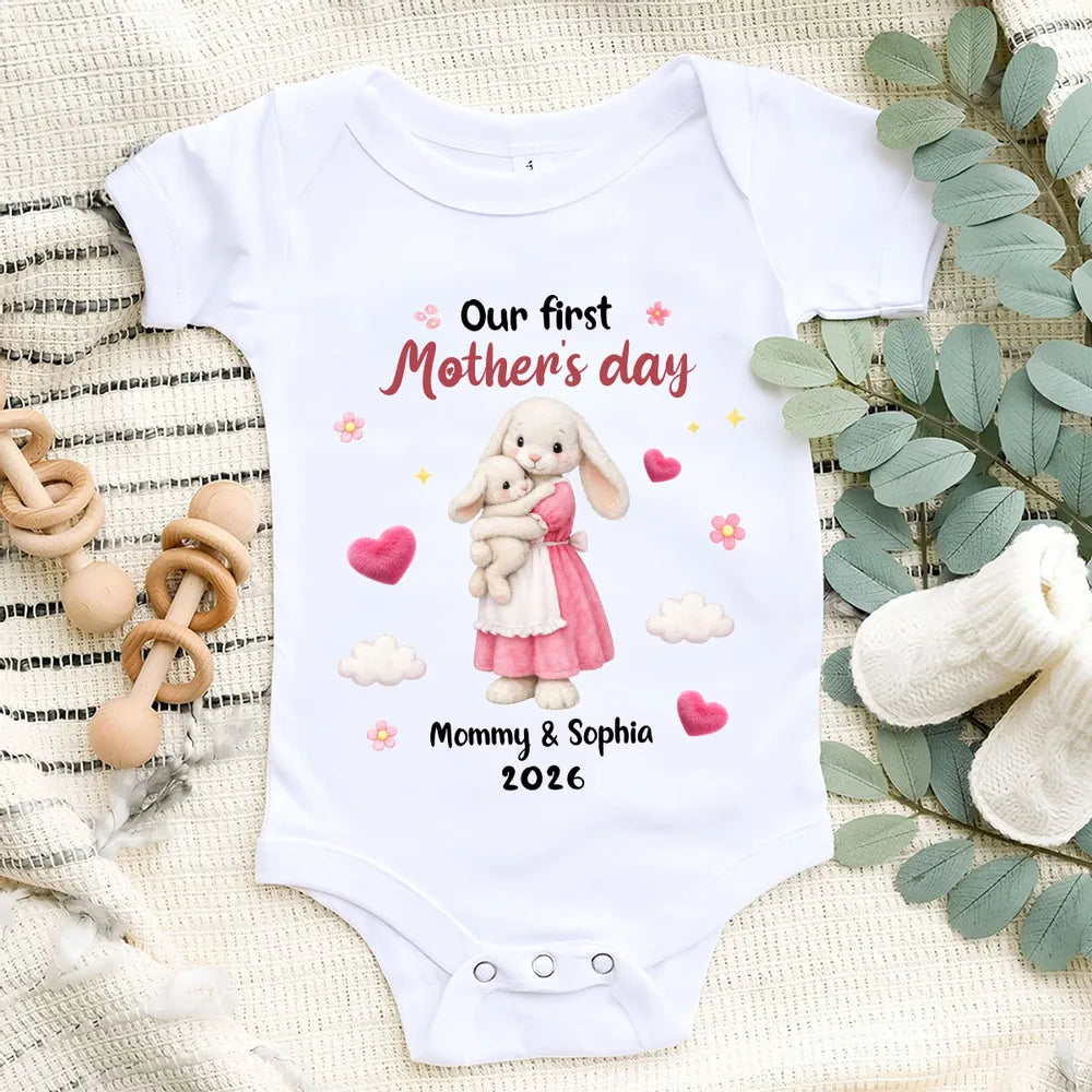Personalized Mother's Day Short Sleeve Baby Onesie with Bunny Mom & Baby, Sweet First Mother's Day Unique Gift
