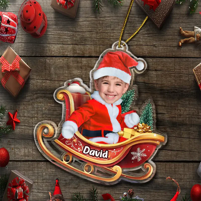 Personalized Baby Santa Acrylic Ornament in Sleigh β Custom Photo Christmas Ornament, Festive Tree Decor & Unique Holiday Gift