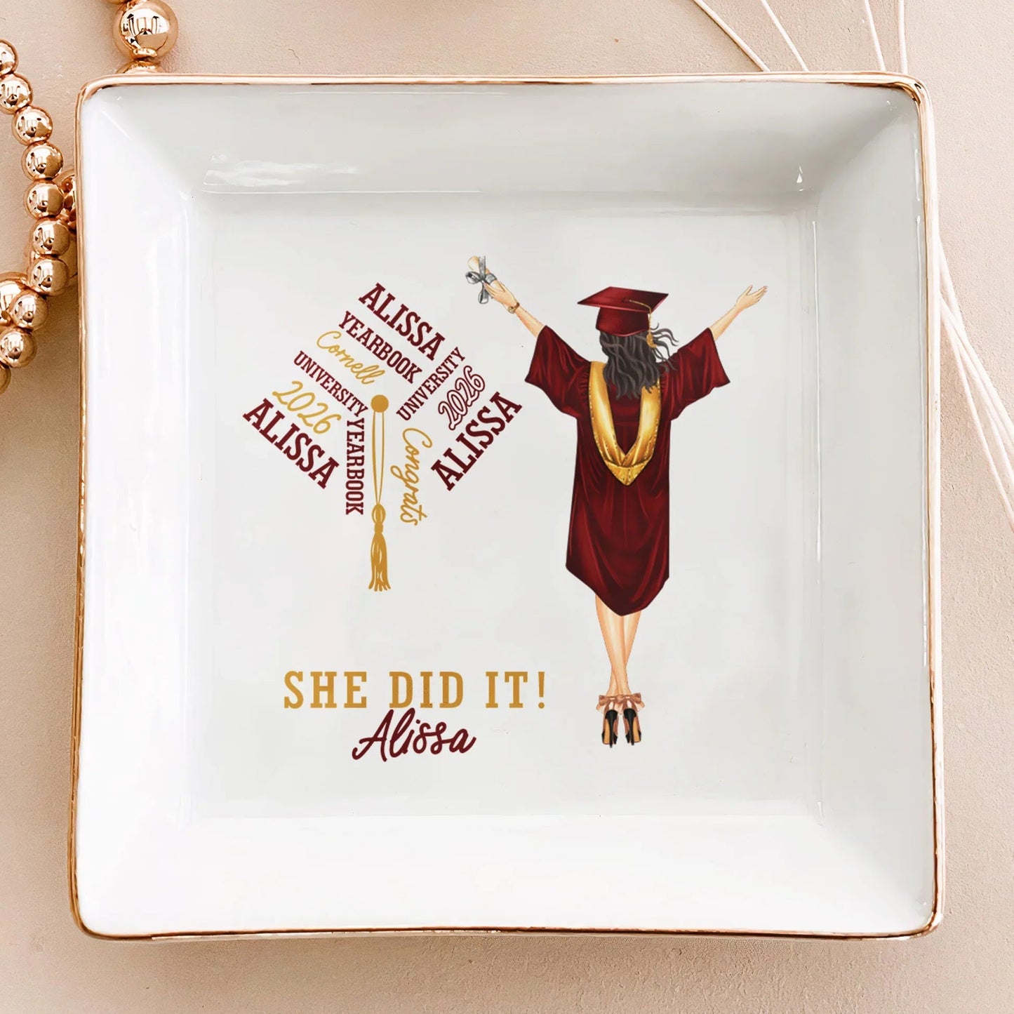 She Did It Jewelry Dish, Personalized Keepsake Tray for a Graduate, Everyday Ring Holder and Vanity Decor Gift