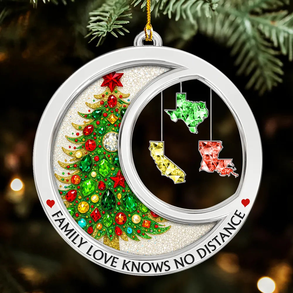 Personalized Acrylic Ornament with Gemstone Christmas Tree & States β Family Love Knows No Distance, Unique Holiday Gift