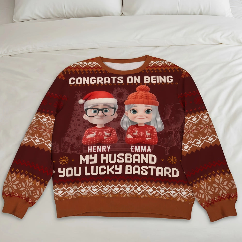 Custom Cartoon Couple Printed Sweatshirt for Husband β Playful Christmas-Inspired Design, One-of-a-Kind Romantic Gift
