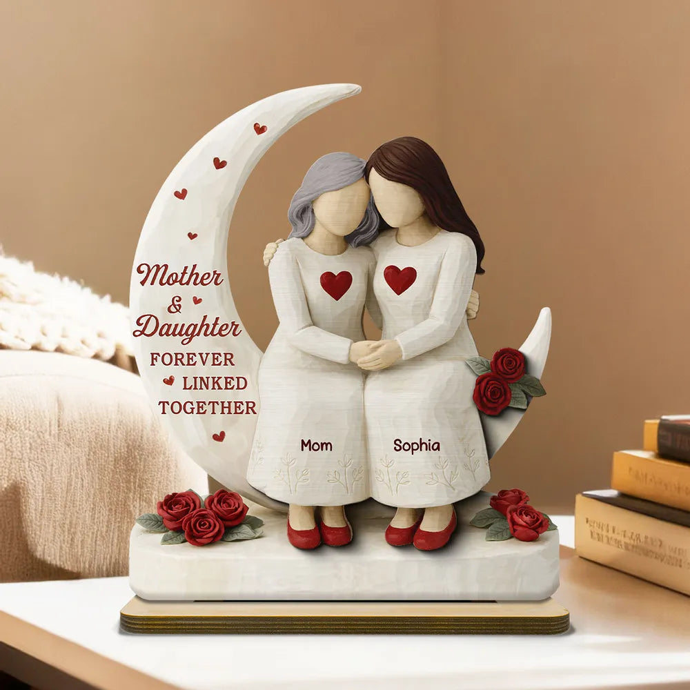 2-Layer Wooden Plaque Moon and Roses Mother Daughter Hug Keepsake Decor - Sweet Creative Gift for Mom or Daughter