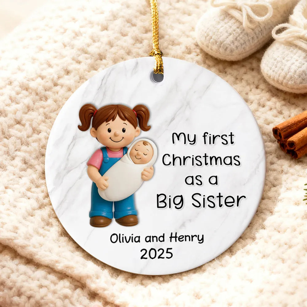 Personalized Big Brother Big Sister Ceramic Ornament celebrating first Christmas as a sibling, round ceramic holiday décor gift
