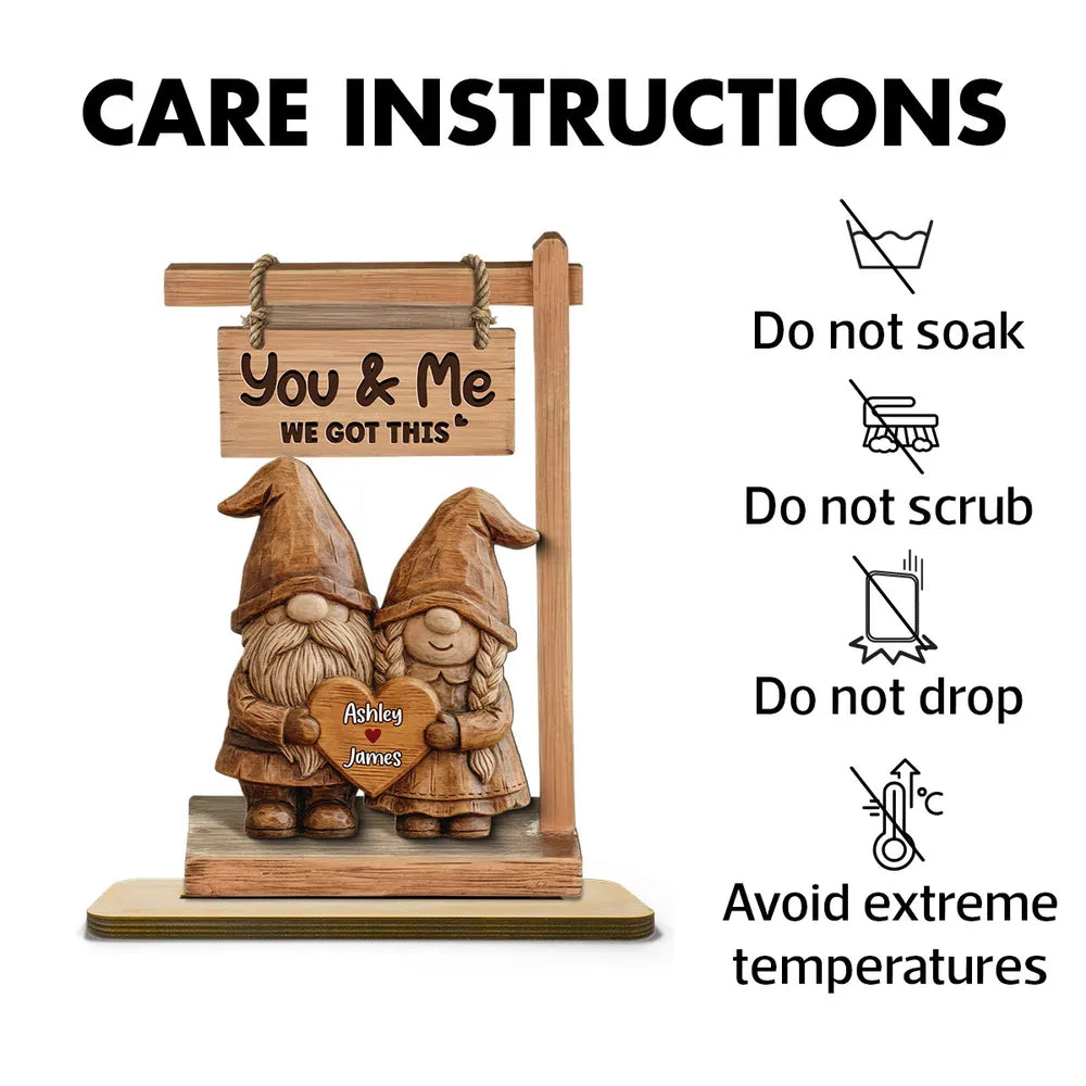 2-Layer Wooden Plaque Personalized Couple Keepsake, Cute Gnome Pair With You & Me We Got This, Sweet Gift
