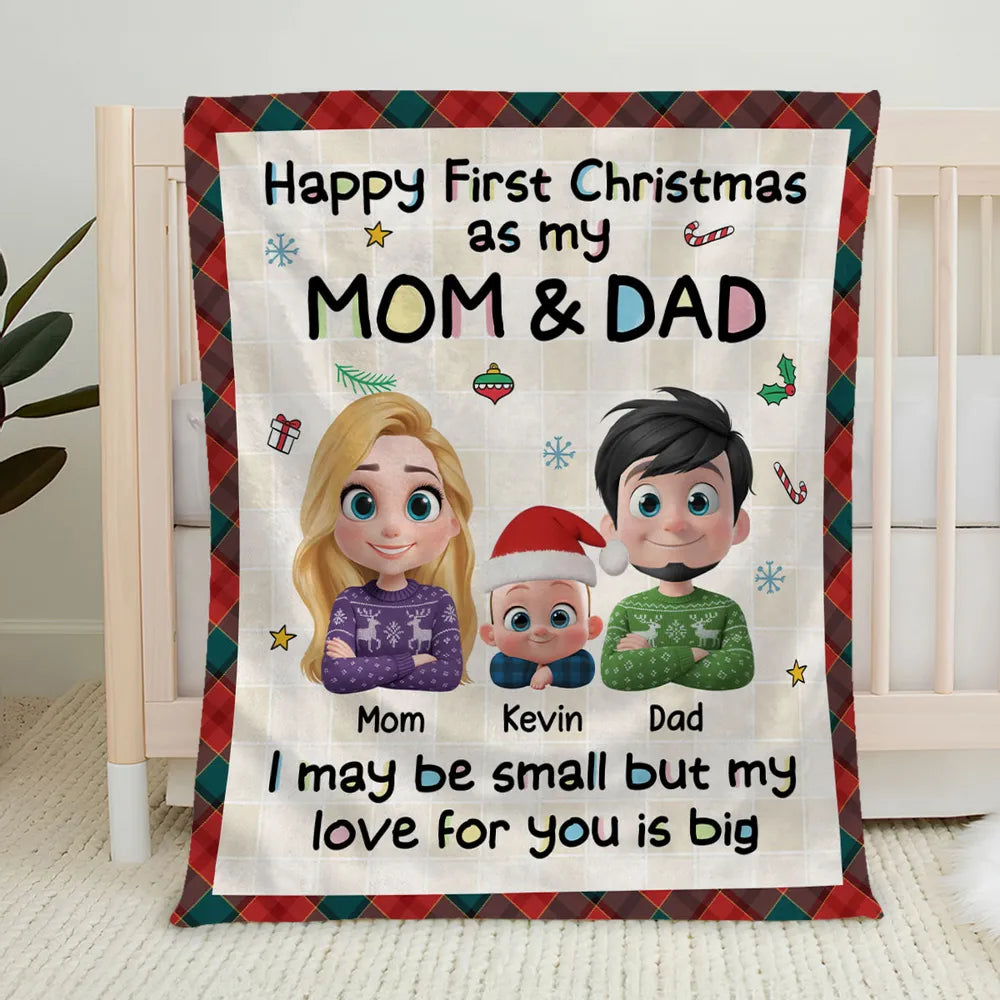 Personalized First Christmas Mom & Dad Fleece Blanket, Cute Cartoon Family, Cozy Keepsake, Unique New Baby Gift