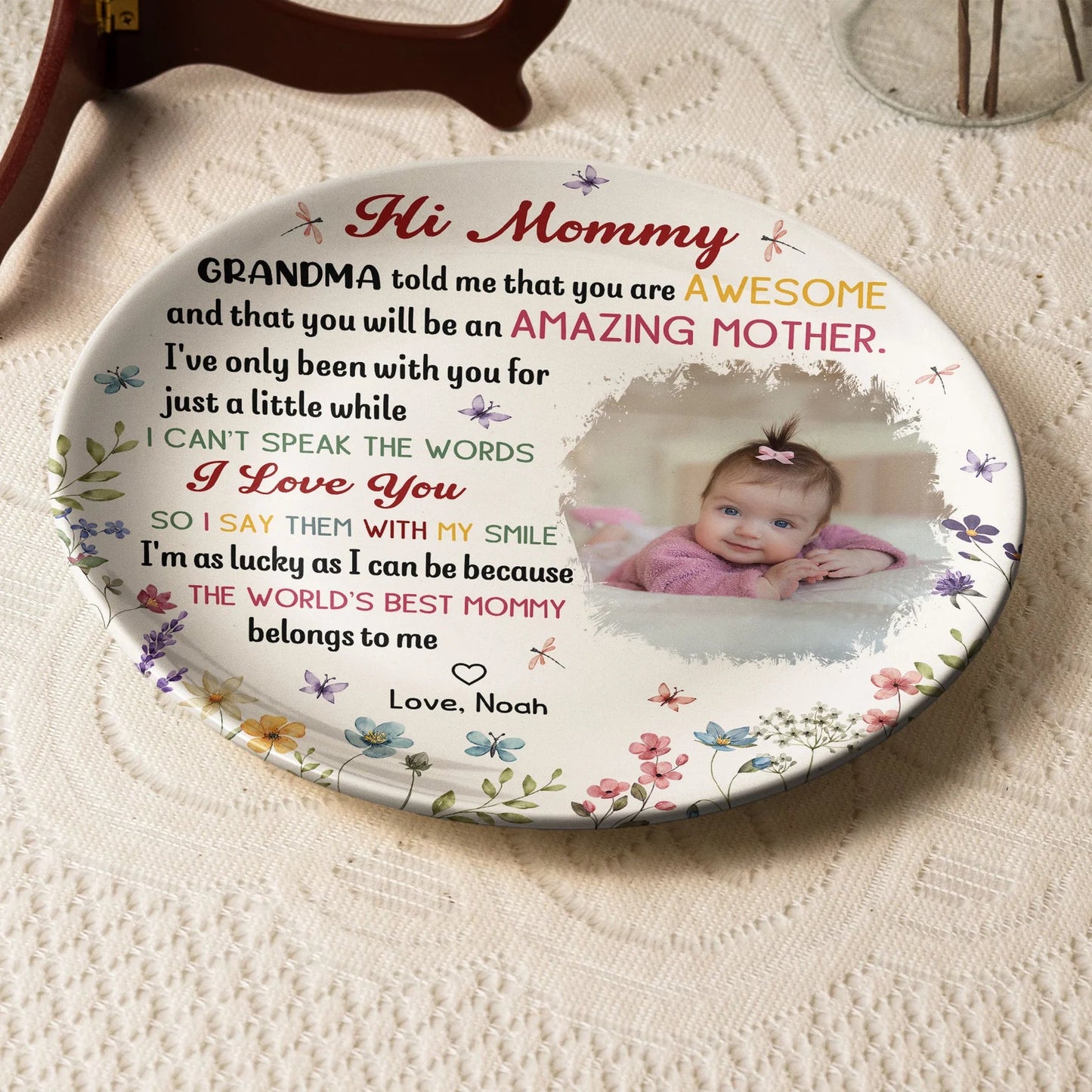 Bone China Plaque with Baby Photo and Heartfelt Mom Message, Soft Floral Table Accent and Wall Decor, Thoughtful Gift