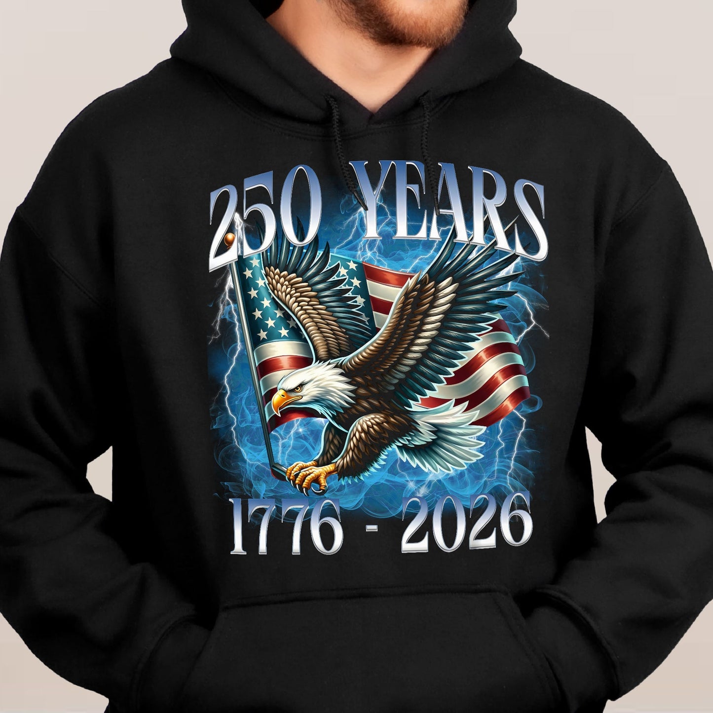 250 Years Patriotic Eagle Over American Flag Classic Tee, Bold Lightning Art, Unique Creative Gift for Proud Americans