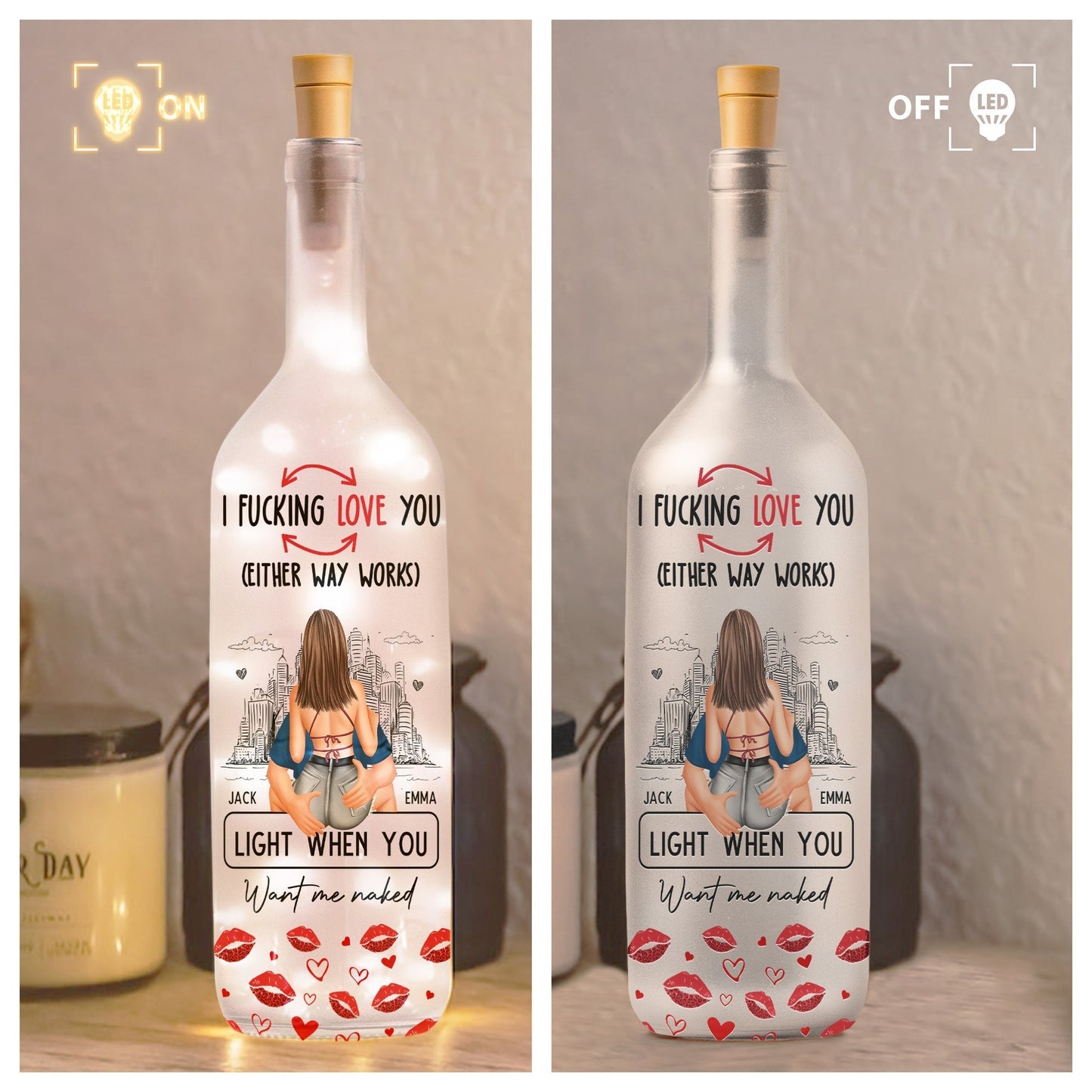 Bottle Lamp Romantic Back-Hug Couple City Sketch with Warm Glow, Personalized One-of-a-Kind Gift for Couples