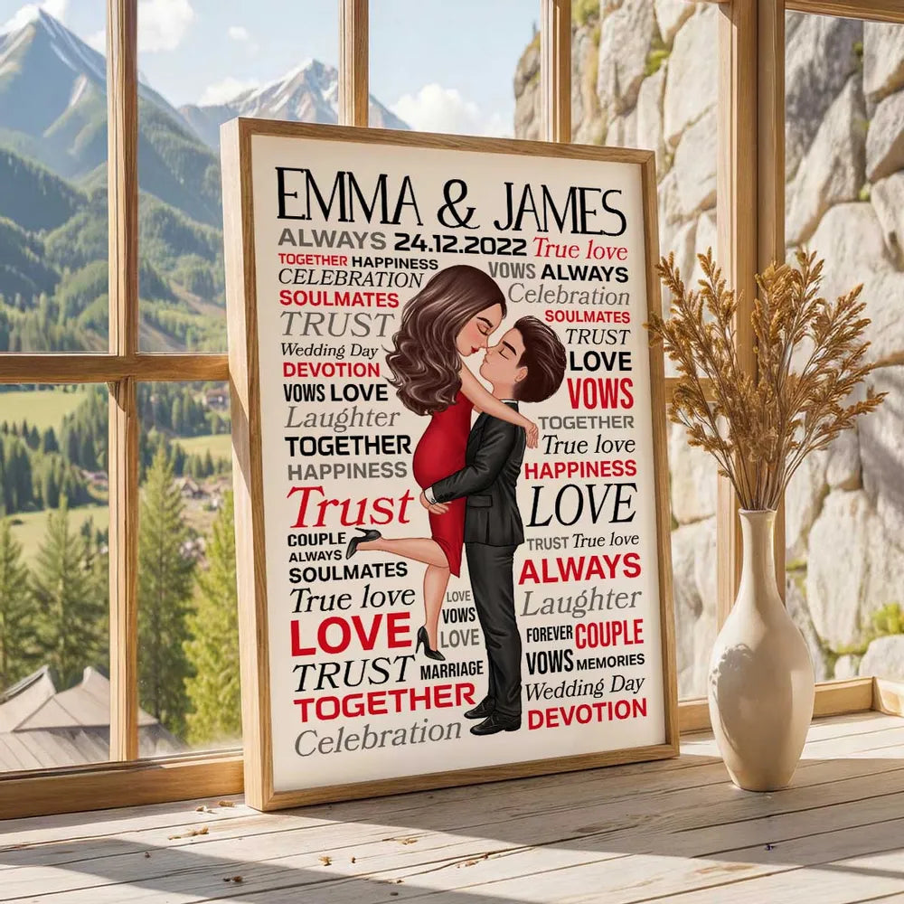 Personalized Couple Word Art Poster Romantic Hugging Kissing Wall Decor Unique Creative Gift For Wife Or Husband