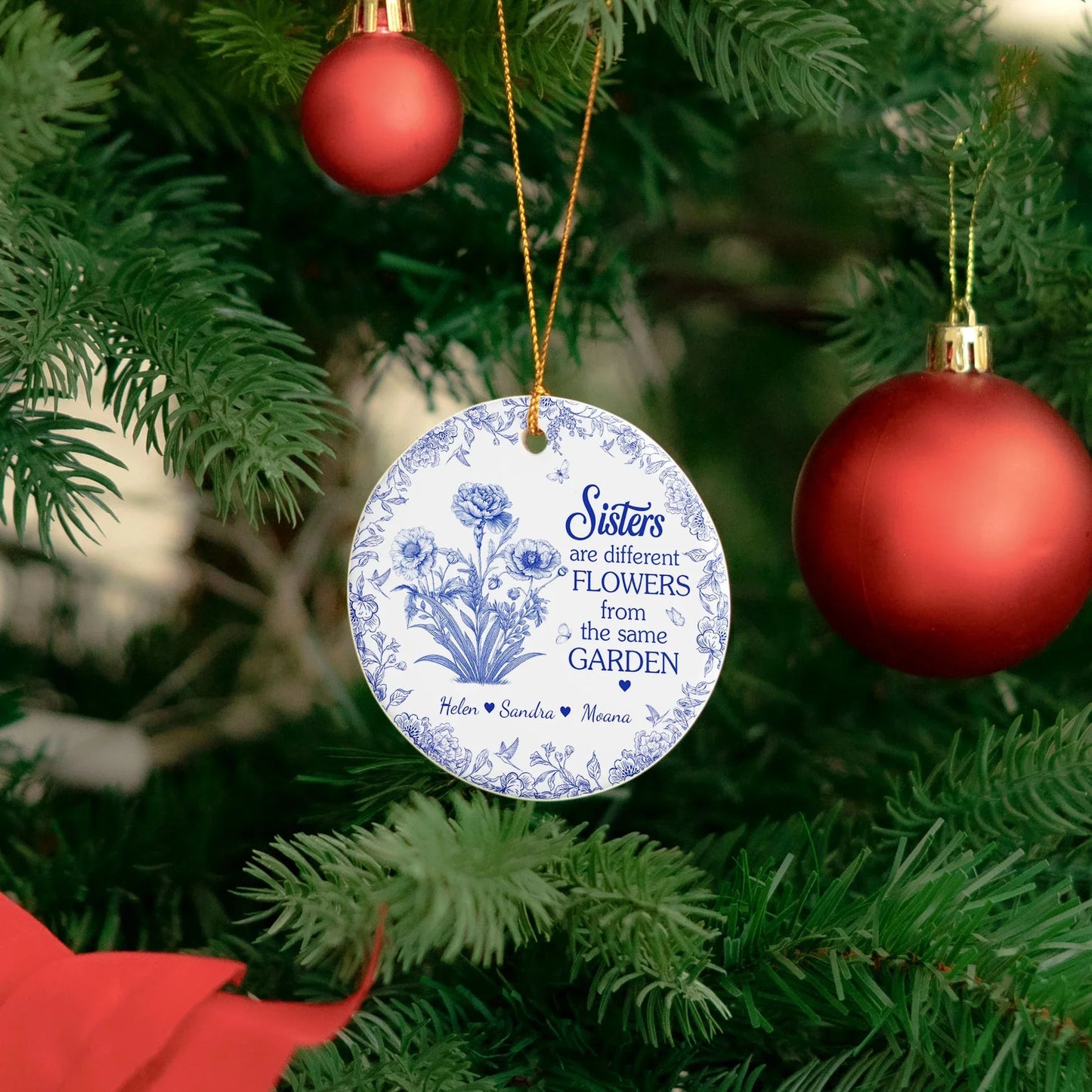Sisters Ceramic Ornament with Blue Flower Pattern, Sentimental Home Décor and Gift-Ready Keepsake