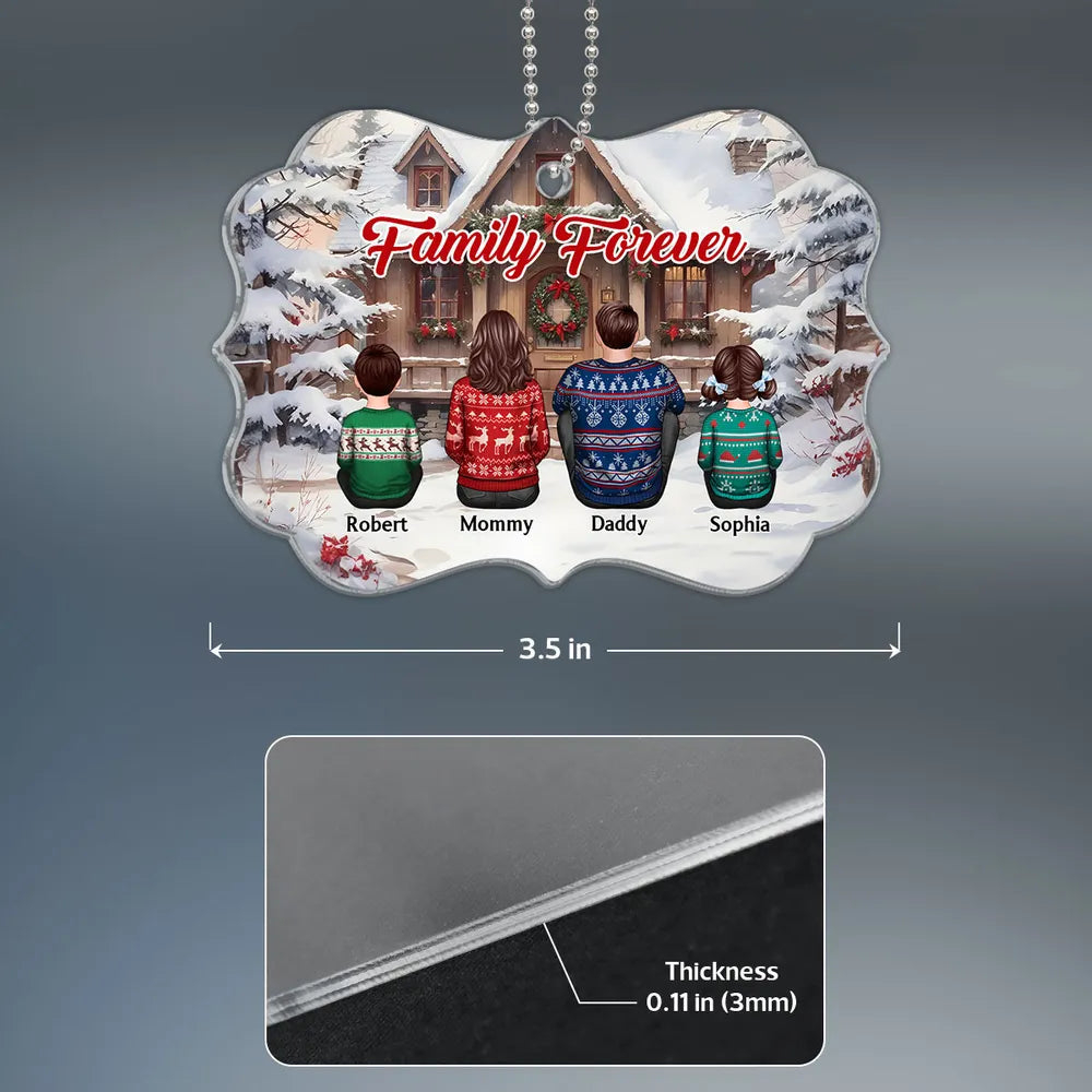 Snow House Back View Family Sitting Personalized Poster or Ornament or Plaque or Keychain