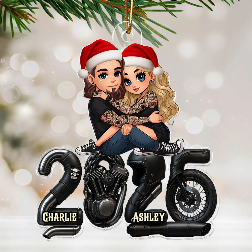 Cute Romantic Acrylic Ornament of a Hugging Biker Couple, Personalized Christmas Ornament, Sweet Unique Gift for Him or Her