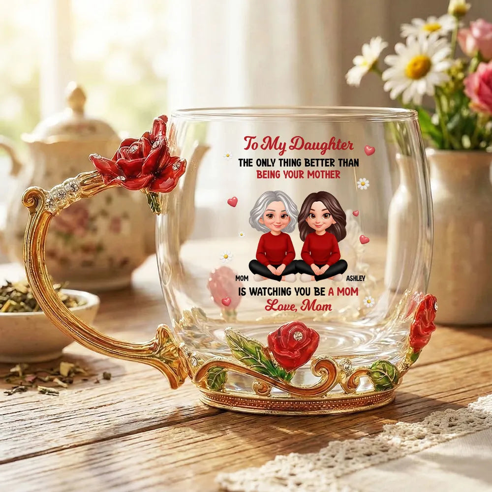 Personalized Enamel Flower Tea Cup with Mom and Daughter Illustration, Sweet Mother and Daughter Gift for Mother's Day