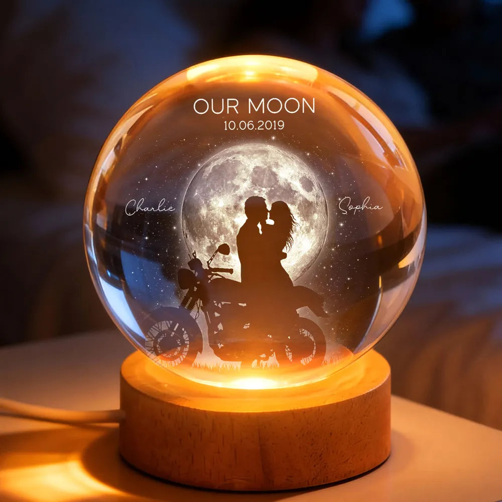 Personalized Globe Lamp with Kissing Biker Couple in Moonlight, Unique Romantic Gift for Him or Her