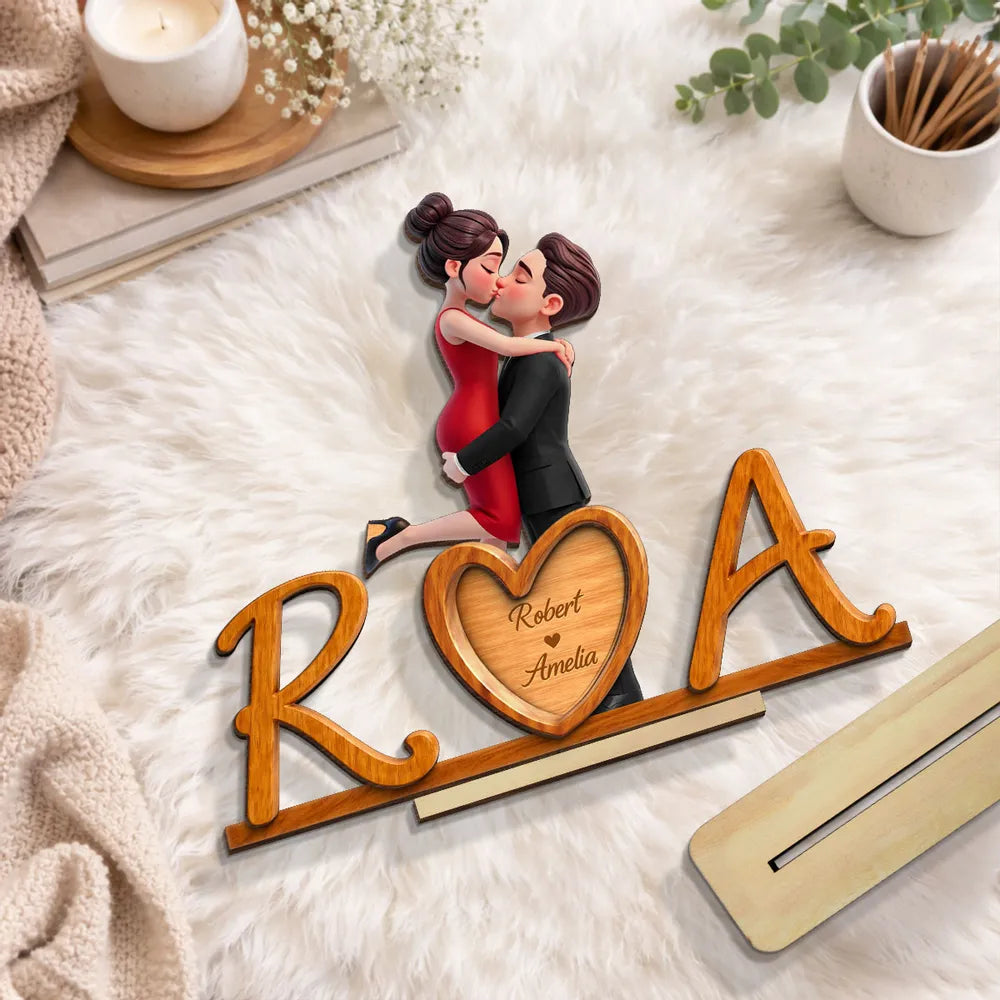 Personalized 2-Layer Wooden Plaque with Couple Kissing and Initials Heart for Desk Decor, Unique Romantic Gift for Her or Him