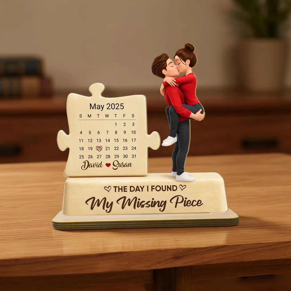 Personalized 2-Layer Wooden Plaque Couple Kissing with Calendar Puzzle - Unique Anniversary Gift for Him or Her