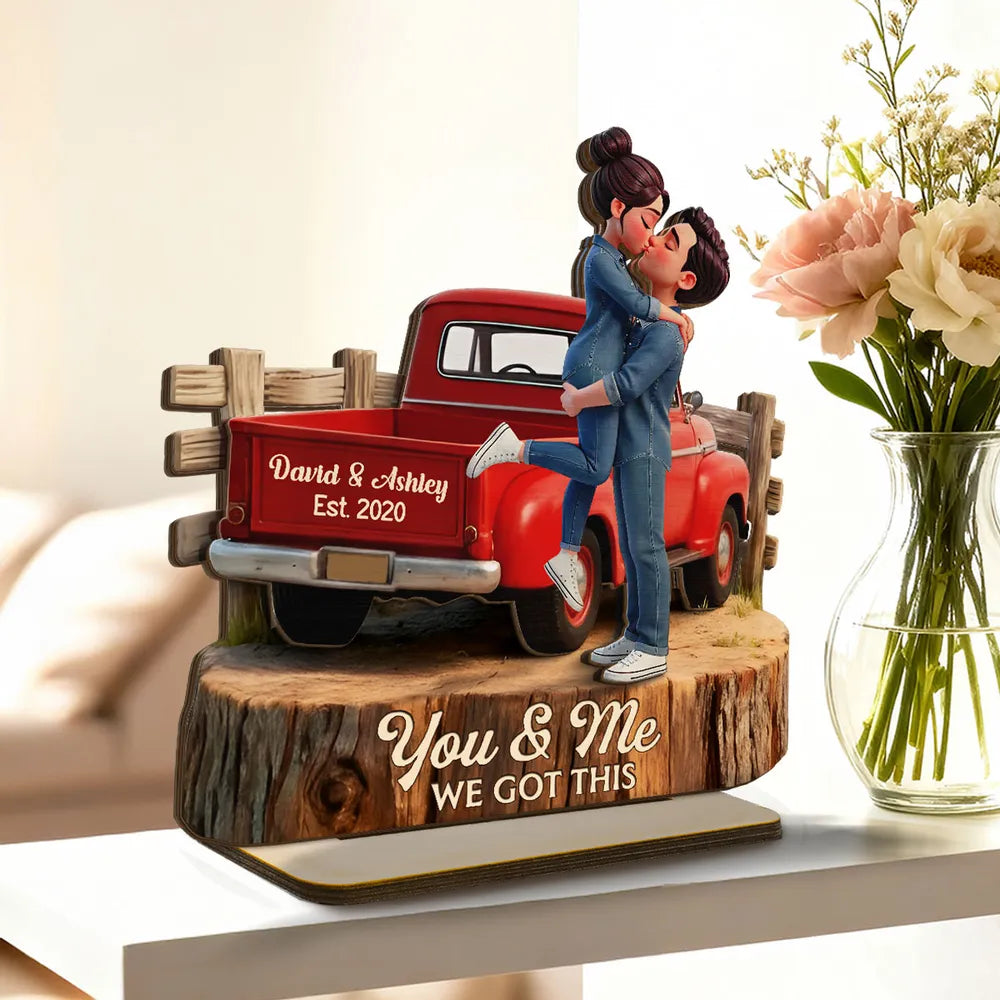 Personalized 2-Layer Wooden Plaque with Kissing Couple in Red Pickup Truck, Farmhouse Decor, Unique Gift for Couples