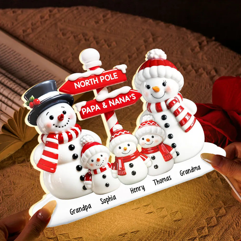 Personalized Acrylic Light Box with Snowman Family, North Pole Sign & Soft Warm Glow – Cute Christmas Decor & Unique Gift for Grandparents