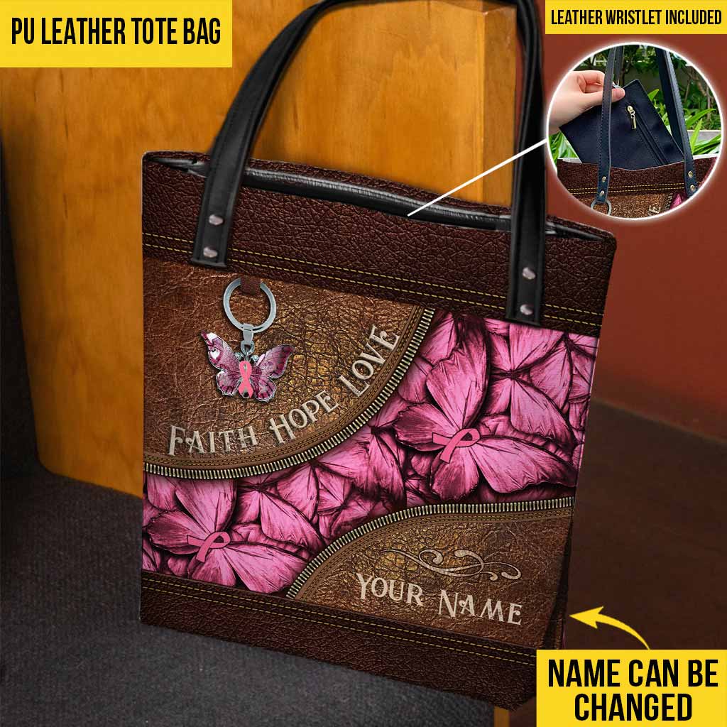 Faith Hope Love Breast Cancer Butterfly - Breast Cancer Awareness Personalized Tote Bag