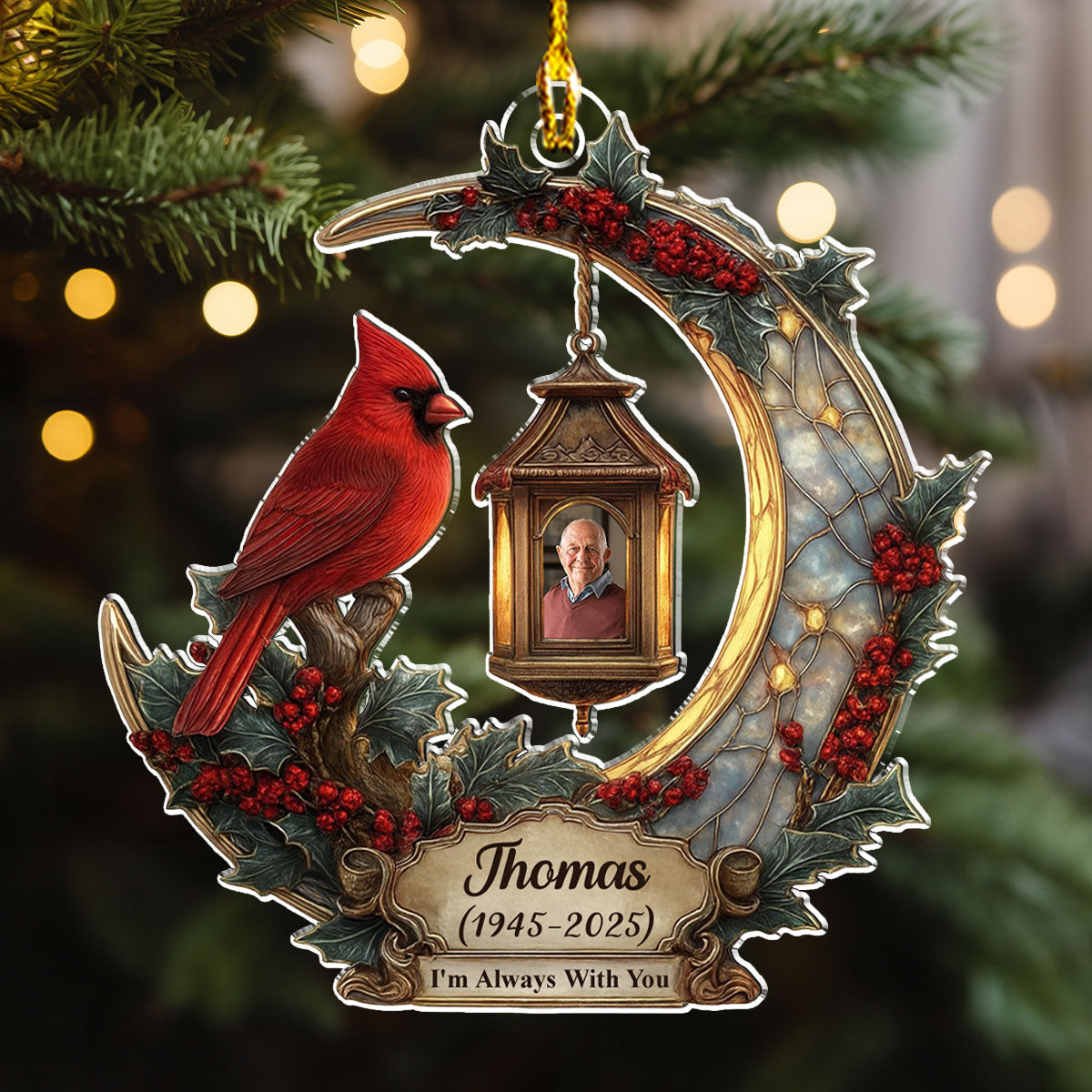 Personalized Memorial Cardinal Moon Acrylic Ornament with Photo, In Loving Memory Christmas Keepsake