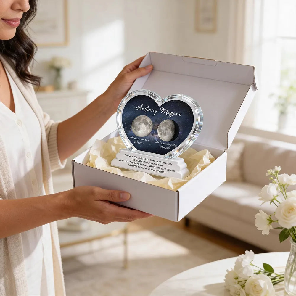 Personalized Heart Shaped Acrylic Block Plaque Moon Phase Memorial Keepsake for Loved One Remembrance - Unique Sympathy Gift