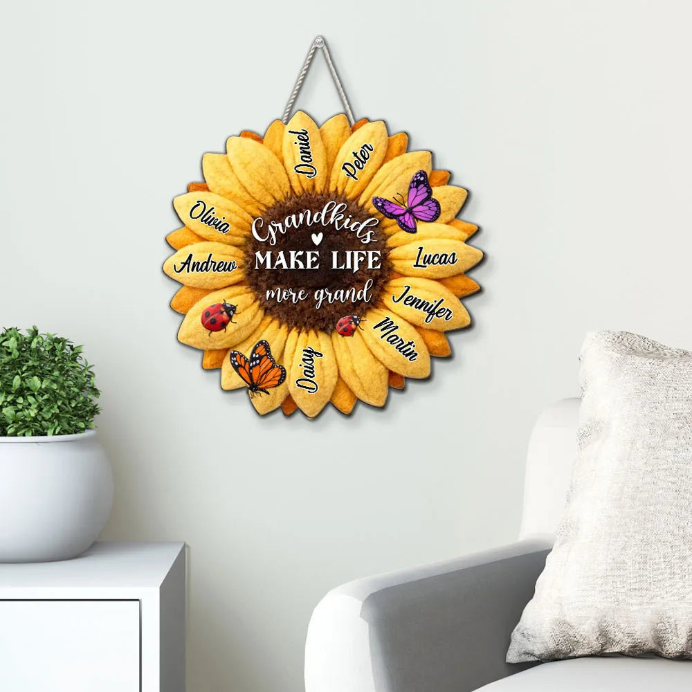 Grandkids Make Life More Grand Wooden Sign Personalized Sunflower With Butterflies Sweet Home Accent Gift for Grandparents