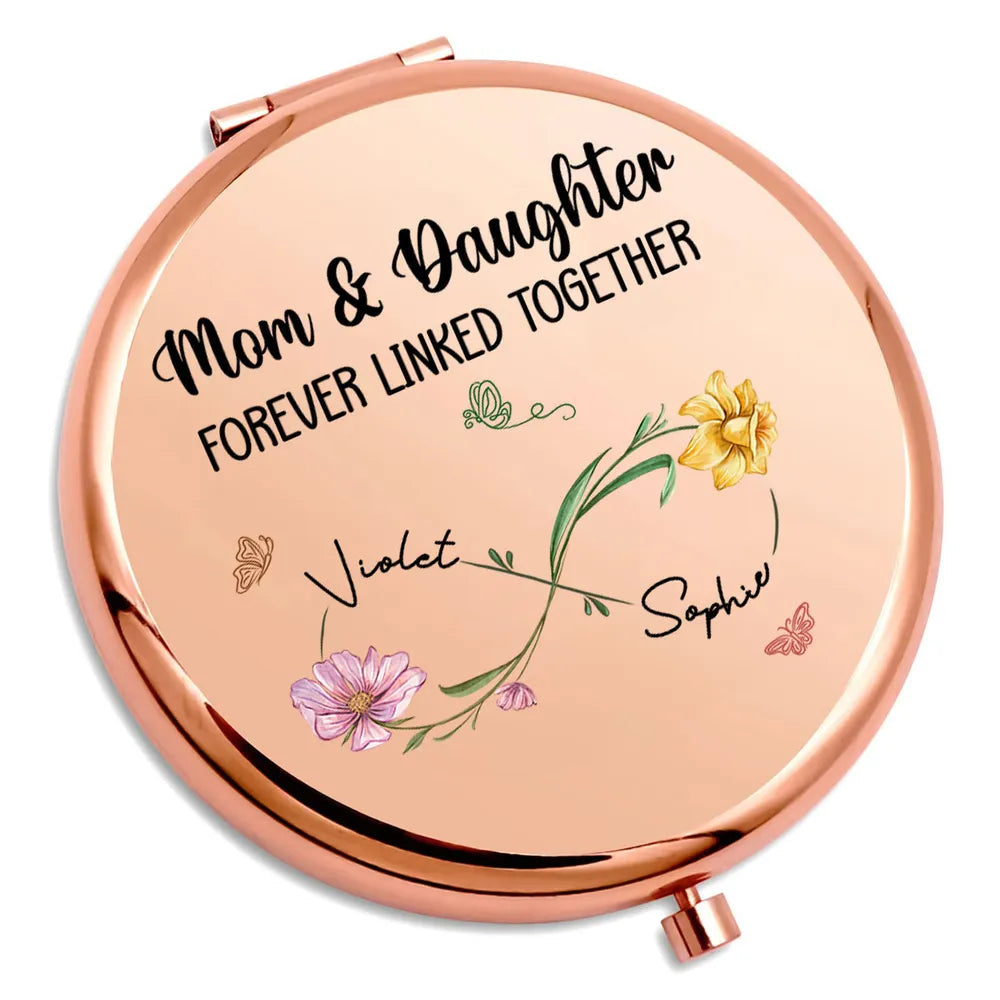 Personalized Metal Compact Mirror Mom & Daughter Forever Linked Together Floral Design - Unique Gift for Mom