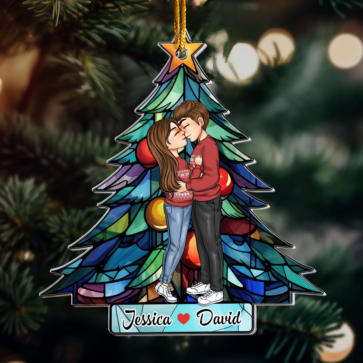 Acrylic Ornament with stained-glass style Christmas tree, hugging couple theme—easy to hang, festive décor and a perfect gift for partners