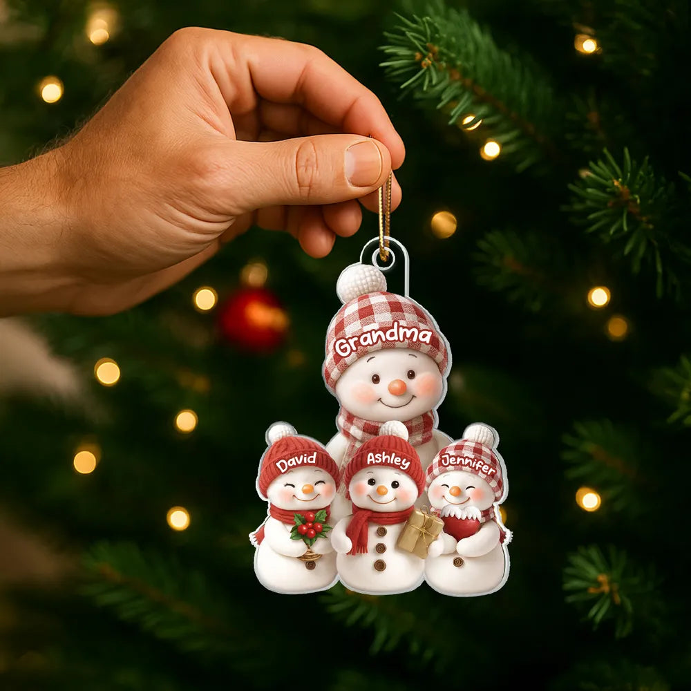Christmas Acrylic Ornament for Grandma – Cozy Snowman Family, gift-ready keepsake for holiday tree décor, customizable and heartwarming
