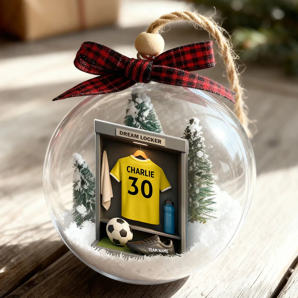 Christmas Snow Globe Ornament - Soccer Locker Mini Scene, Clear Acrylic, Personalized - Unique Gift for Son, Grandson, Boyfriend